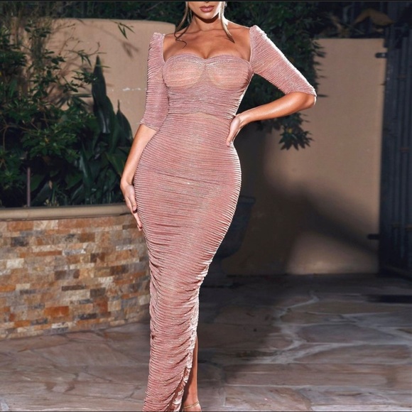 Nwt Miss circle Ruched Rose Gold Stretch Chiffon Sweetheart Split Maxi Dress L - Picture 2 of 4